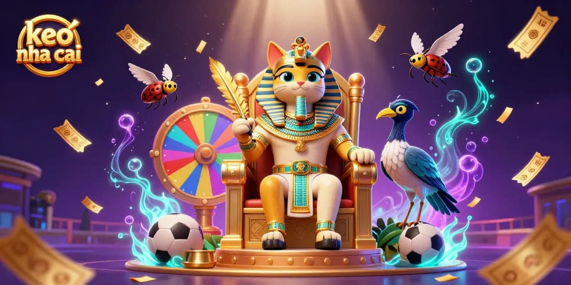 Engage with exciting keo nha cai action featuring a whimsical scene of a pharaoh cat and sports elements.