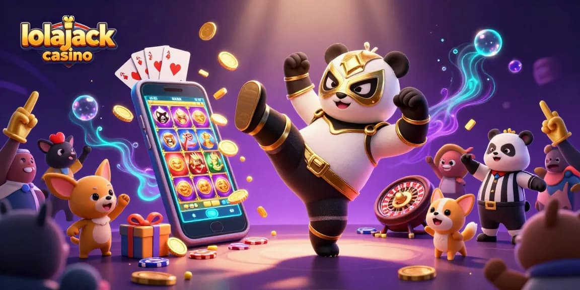 Experience fun at lolajack casino with a dynamic scene featuring a wrestling panda in action.