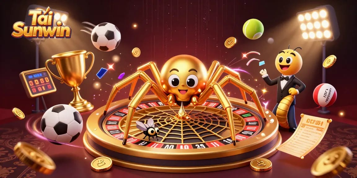 Spin the roulette wheel and bet big with Tải Sunwin's exciting gaming universe featuring a golden spider and animated sports.