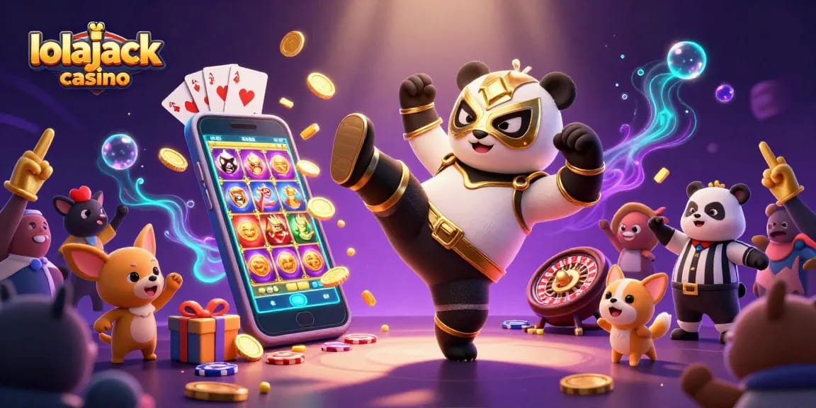 Experience fun at lolajack casino with a dynamic scene featuring a wrestling panda in action.
