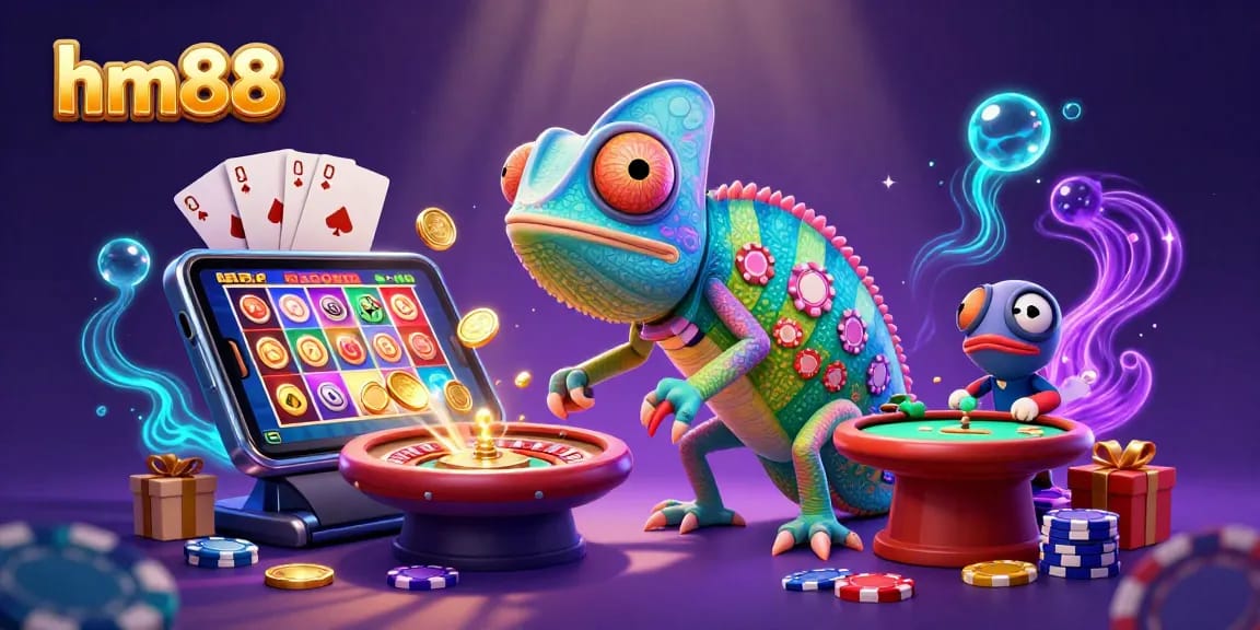 Engage in thrilling gameplay at hm88 with a vibrant casino scene showcasing a chameleon owner and slot games.