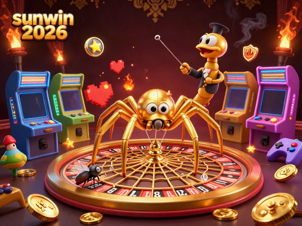 Engage with thrilling gameplay at Sunwin 2026 featuring a cartoon spider croupier spinning a roulette wheel.