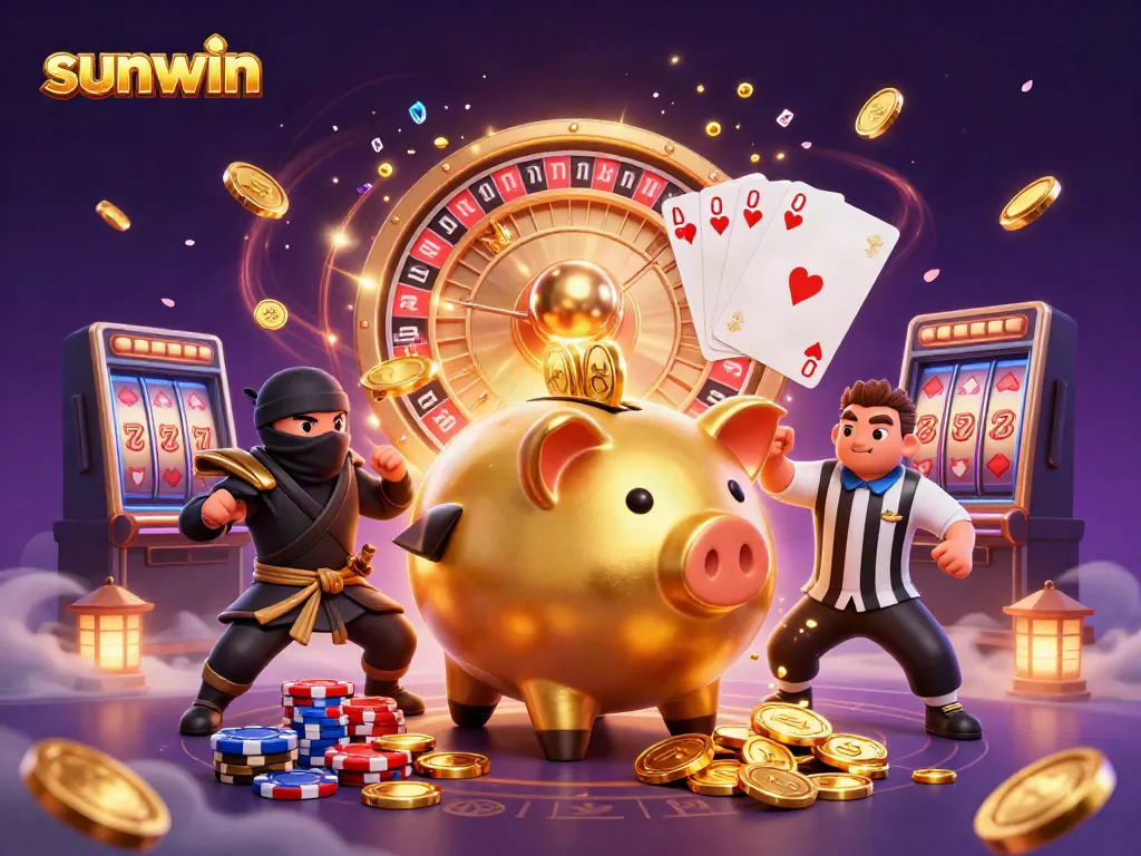 Join the fun at sunwin as a golden piggy bank sumo wrestler shakes up a vibrant casino scene.