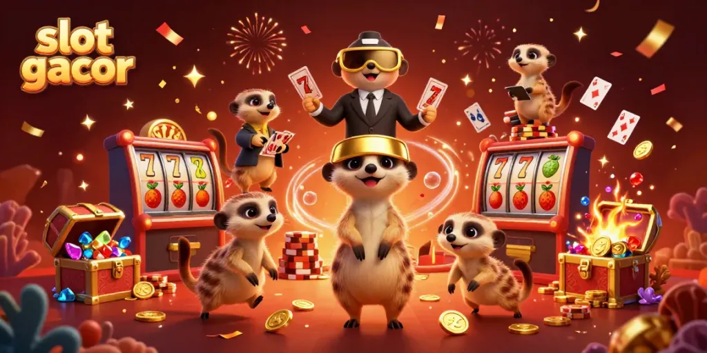 Experience thrilling wins at "slot gacor" with an energetic meerkat casino scene.