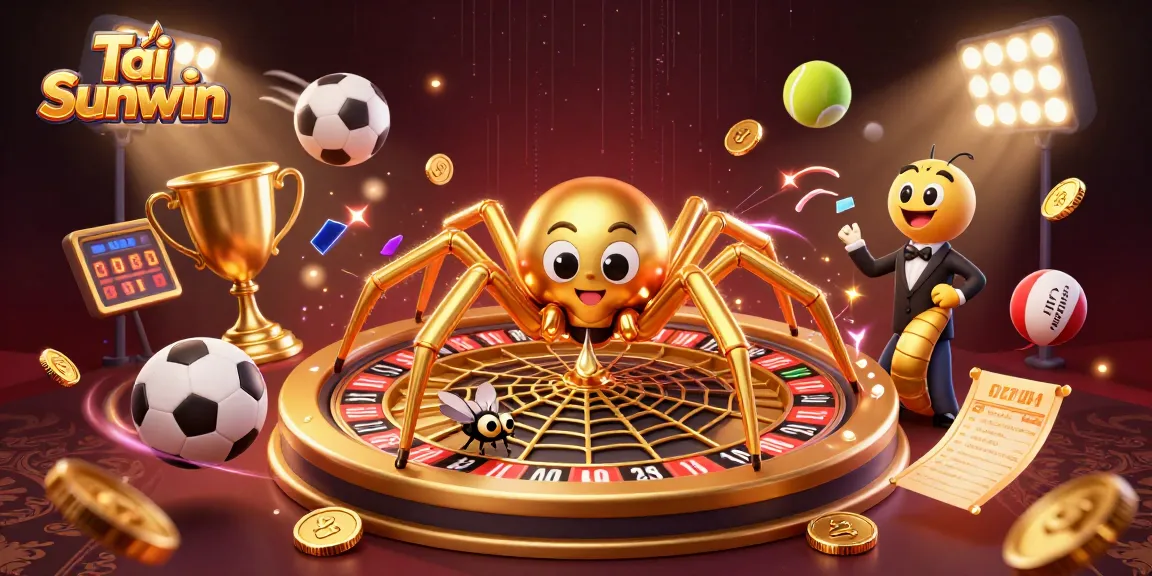 Spin the roulette wheel and bet big with Tải Sunwin's exciting gaming universe featuring a golden spider and animated sports.