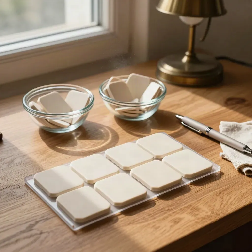 Zelfinzicht-assessment met tiles, glazen kom en sorteertray op warme houten tafel.