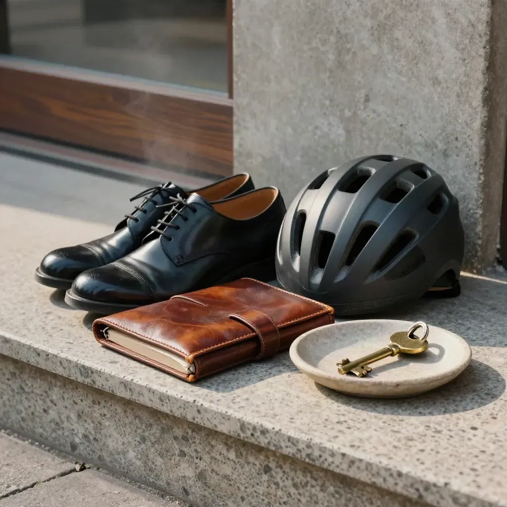 Polijstwerk, leren map, fietshelm en sleutel op stenen schaal in stedelijke mist.