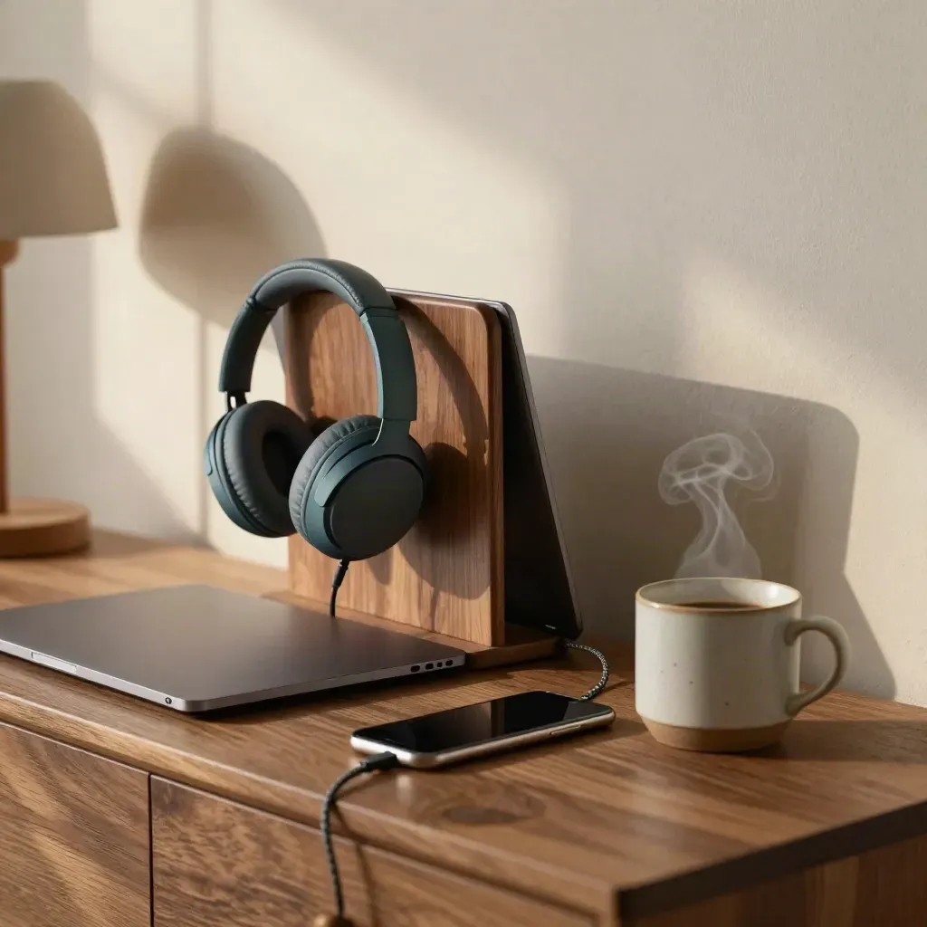 Online opvolgingshoek met laptop, koptelefoon, telefoon, oplader en mok met stoom.