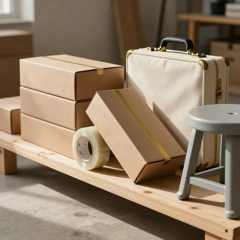 Kraft sampledozen, tape en een werkkruk op een houten stelling in warme werkplaatsnevel.
