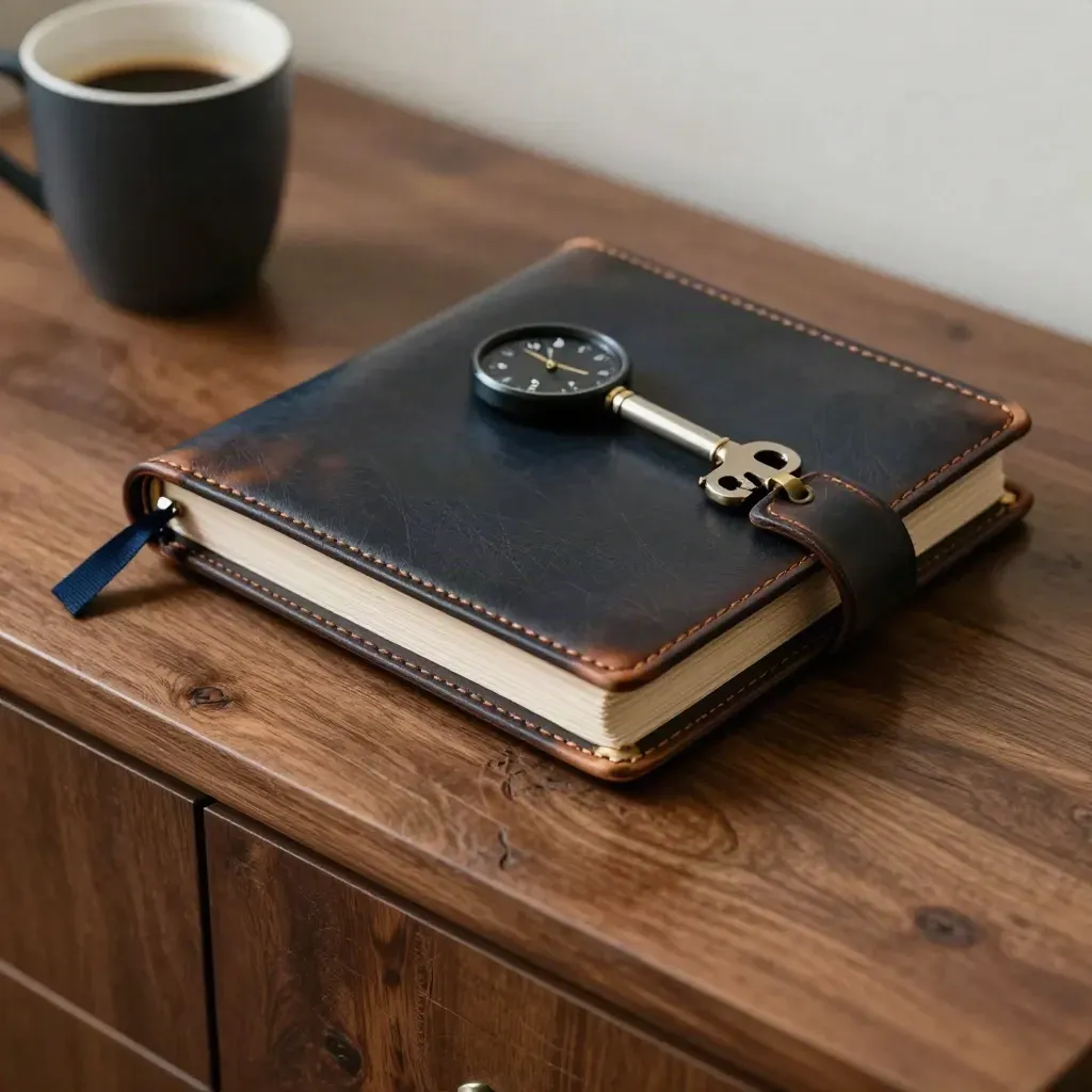 Donkere leerfolio, timer, brass clip en koffiekop in een dramatische coachingsetting.