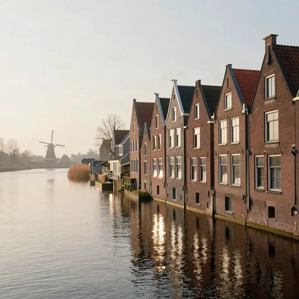 Amsterdamse grachten bij goud uur met windmolens en rustig water in Noord-Holland