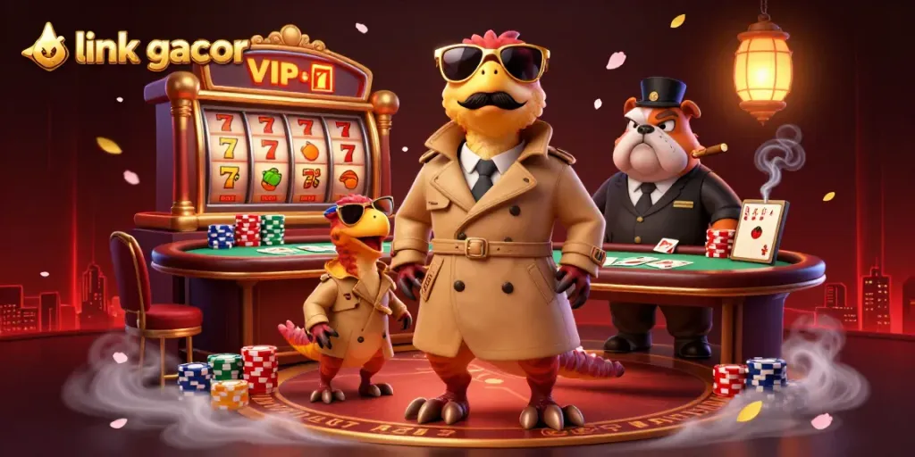 Experience the excitement of link gacor with cartoon raptors in a trench coat entering a casino, surrounded by vibrant game elements.