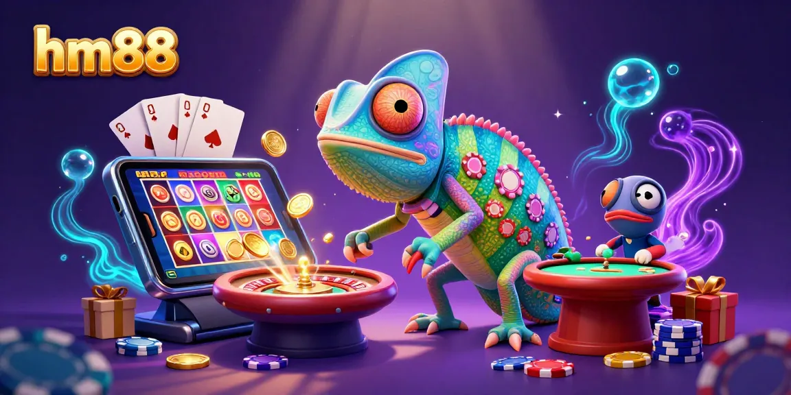 Engage in thrilling gameplay at hm88 with a vibrant casino scene showcasing a chameleon owner and slot games.