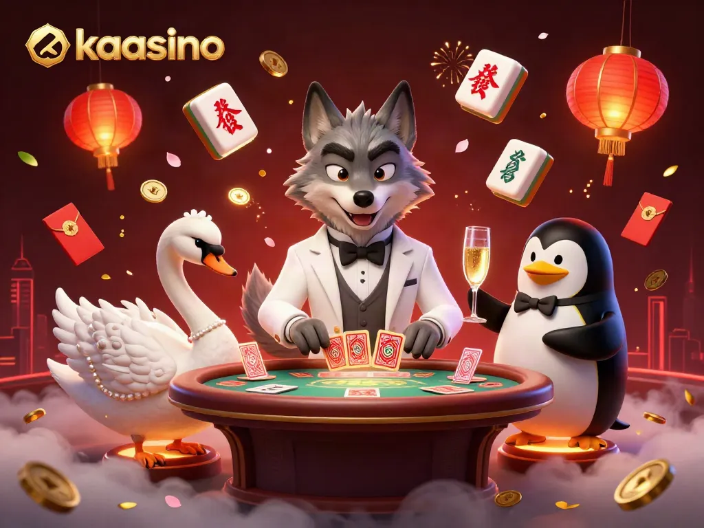 Kaasino features a debonair wolf at a baccarat table with floating game elements, embodying the thrill of online gaming.