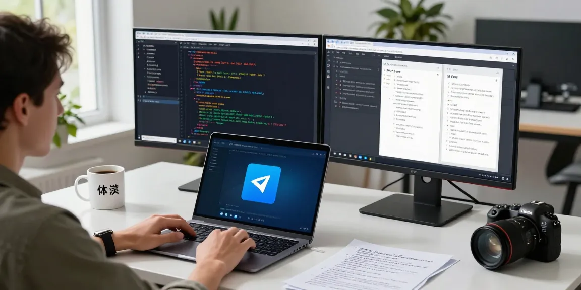 Setting up the Telegram Chinese Version interface on laptop with coding tools and language materials.