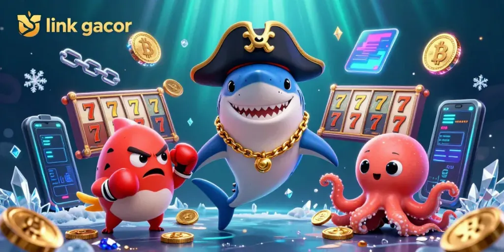 Experience winning slots with link gacor featuring a playful cartoon shark and friends in a vibrant underwater scene.