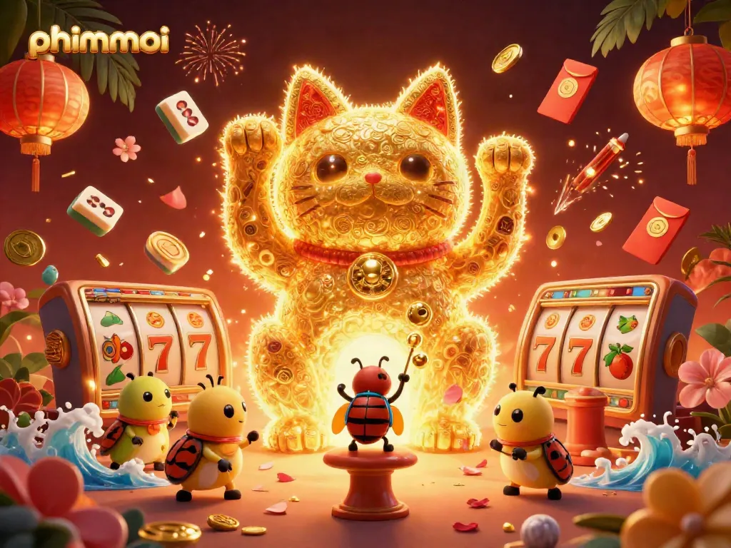 Experience the vibrant action of phimmoi with a splendid lucky cat scene in a casino-themed setting.