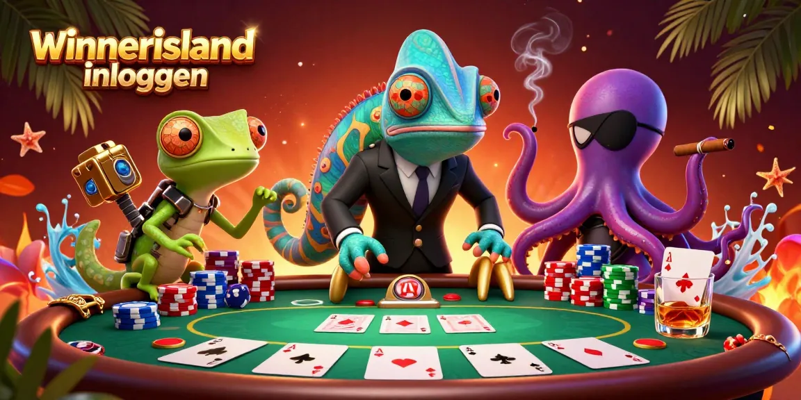winnerisland inloggen reveals a colorful casino scene with a chameleon, gecko, and octopus playing poker.